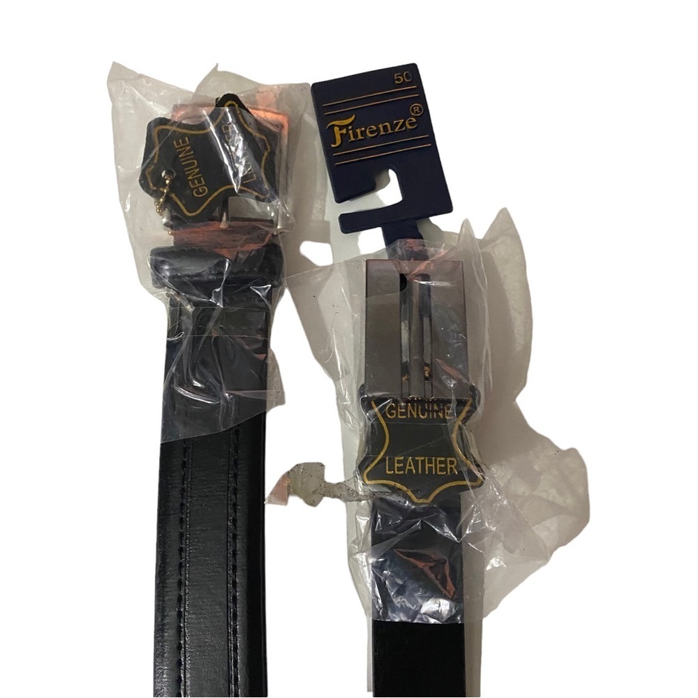 2 Firenze Black Genuine Leather Belts 1 Flat Textured 1 Tack Stitch Men 50 NWT
